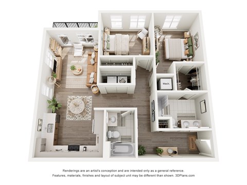 Floor plan for 2 beds, 2 baths, 1054 sqft